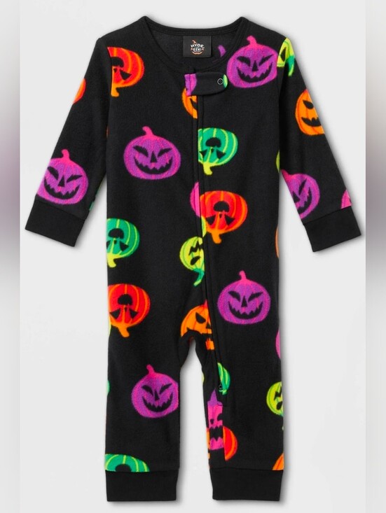 Hyde & EEK! Other - Hyde & Eek! Kids Halloween Neon Pumpkin On Black One-Piece Sleeper Pajamas